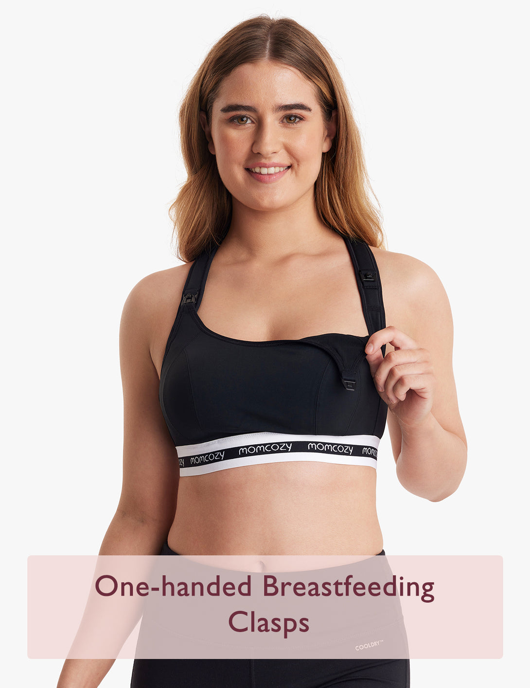 Woman wearing black low impact nursing sports bra with Momcozy logo and one-handed breastfeeding clasps, text 'One-handed Breastfeeding Clasps' displayed at bottom.