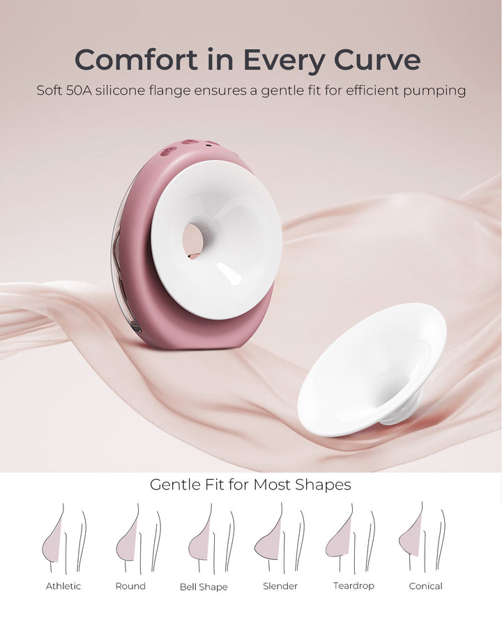 Momcozy Air 1 pink breast pump & soft silicone flange. Gentle fit for all breast shapes for efficient pumping.