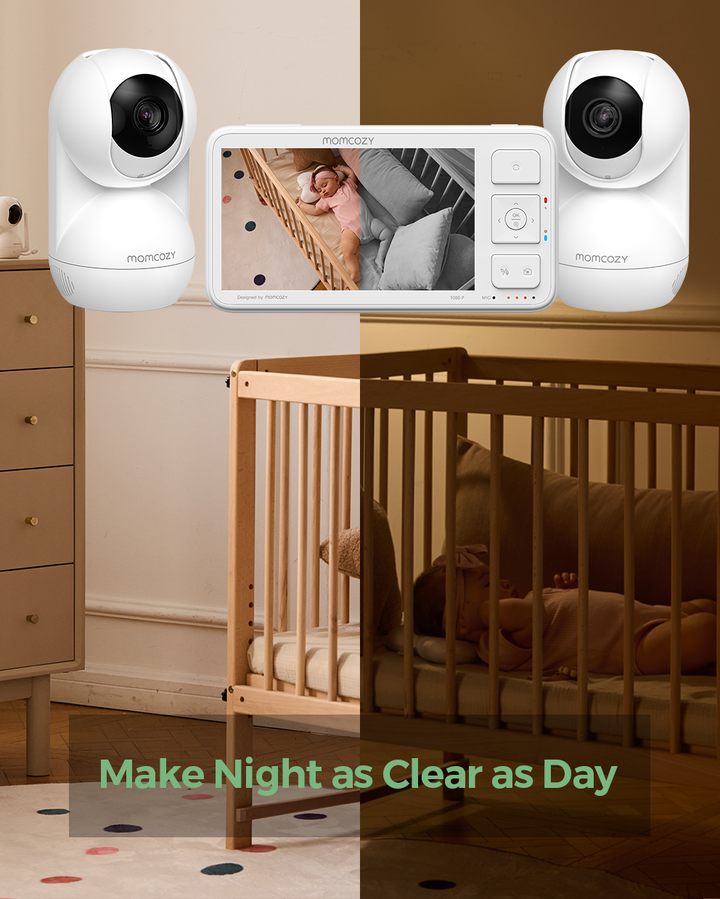 Momcozy 5.5'' Full HD baby monitor displaying baby in crib with clarity and night vision.