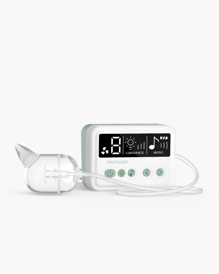 Momcozy electric nasal aspirator with digital display showing suction, luminance, and music settings. Includes collection bulb and buttons.