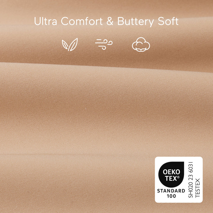 Light peach YN21 Seamless Nursing Bra fabric close-up: Ultra Comfort, buttery soft, breathable, OEKO-TEX® certified quality.