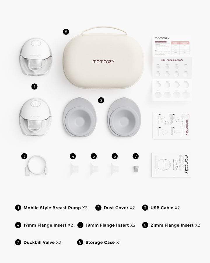 Momcozy M6 hands-free breast pump set including two pumps, USB cable, and storage case.