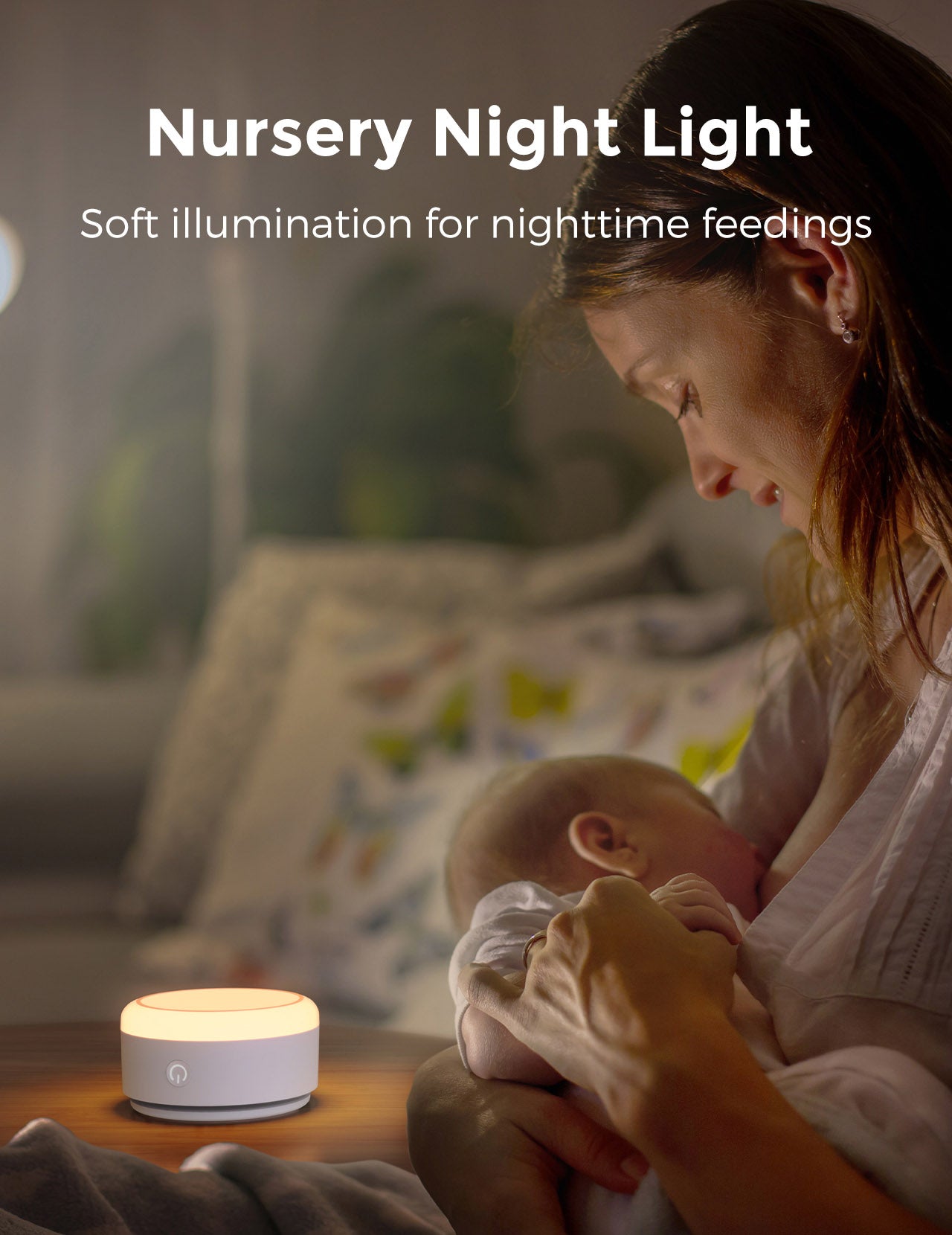 Momcozy baby sound machine with warm light, for nighttime feeding, creating a peaceful sleep environment for baby.