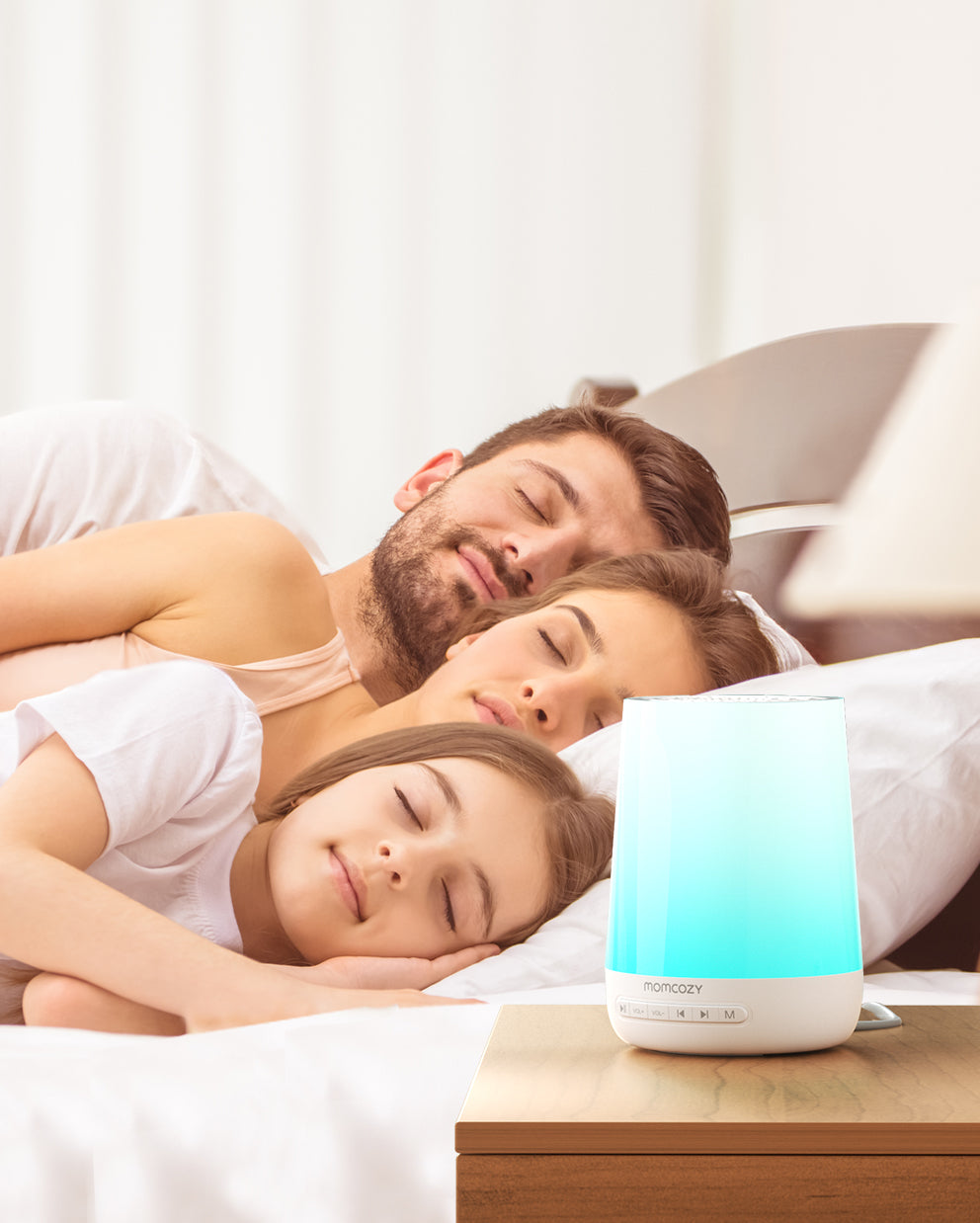 Momcozy Smart Baby Sound Machine promoting sleep and relaxation for the family with blue gradient night light