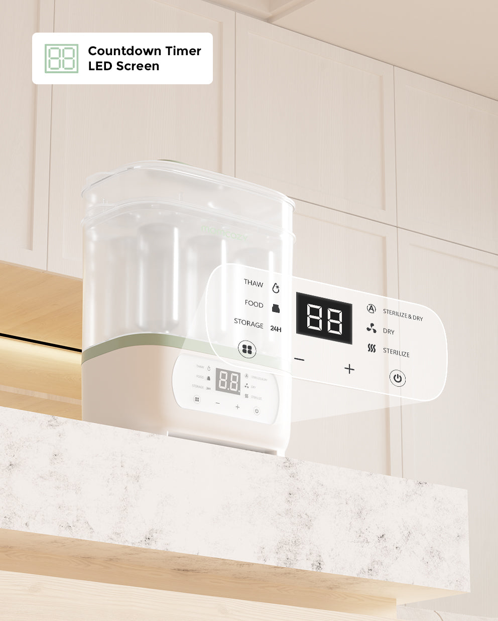 Momcozy 8-in-1 Multi-Function Bottle Sterilizer and Dryer on kitchen countertop showcasing LED countdown timer screen and various function buttons including sterilize and storage.