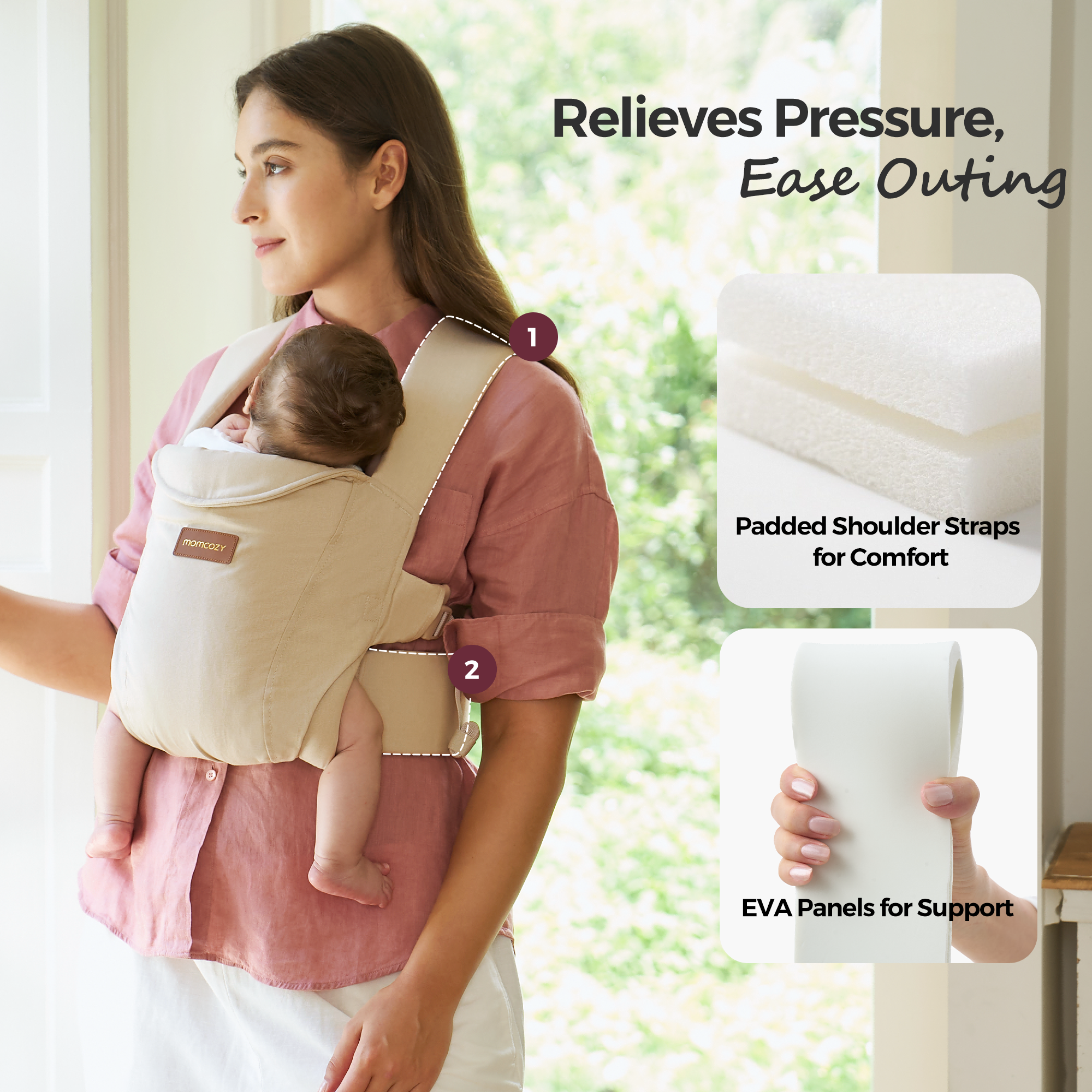 Momcozy WeeSnug newborn carrier: beige carrier with padded straps, easing outings for comfort and support.