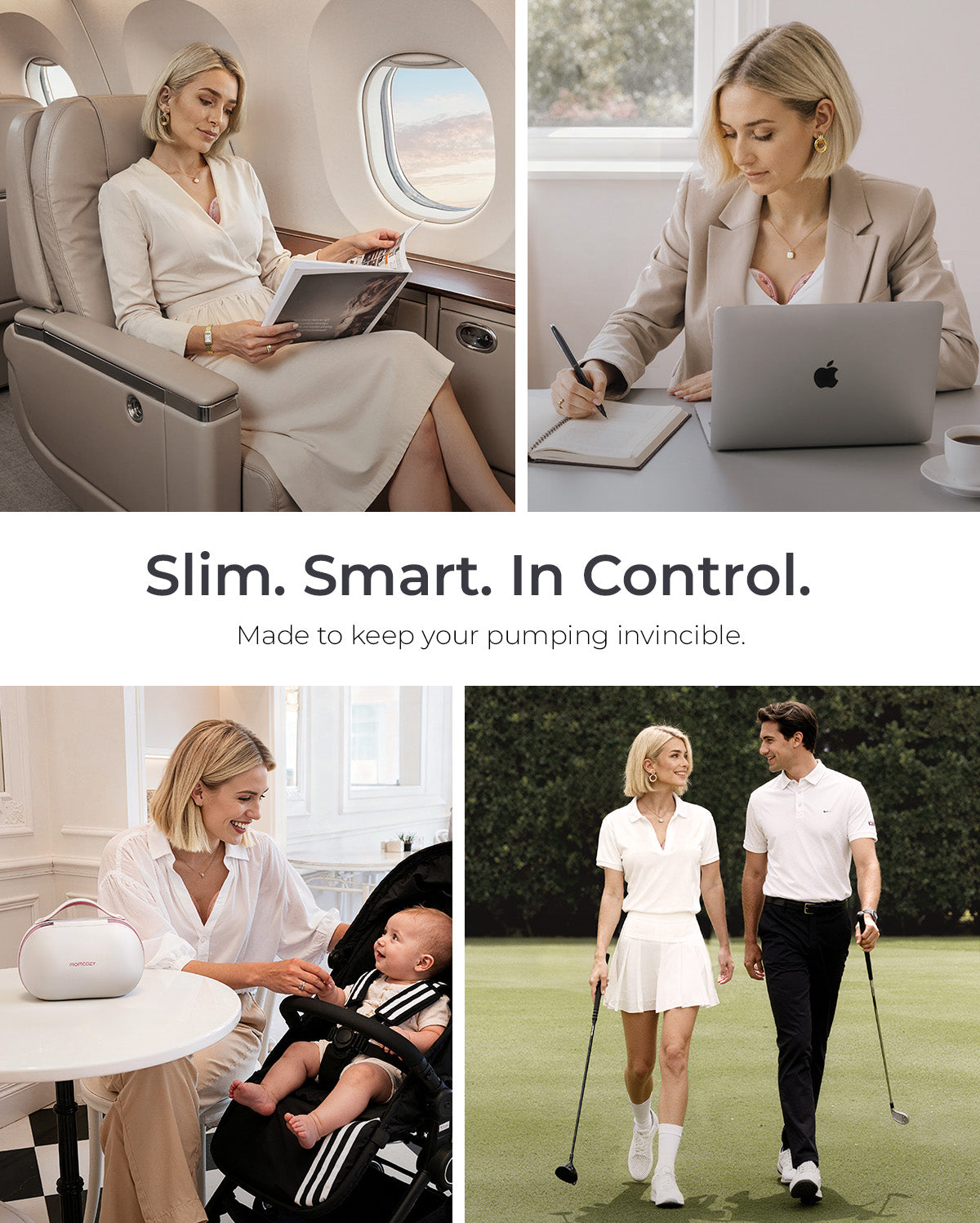 Momcozy Air 1 ultra-slim breast pump in lifestyle collage: flying, working, with baby, golfing. Slim. Smart. In Control.
