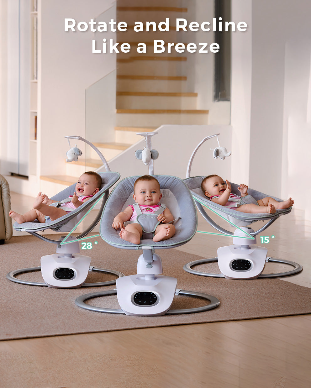 Momcozy CocoSway Electric Baby Swing features 3 reclining options for baby comfort.