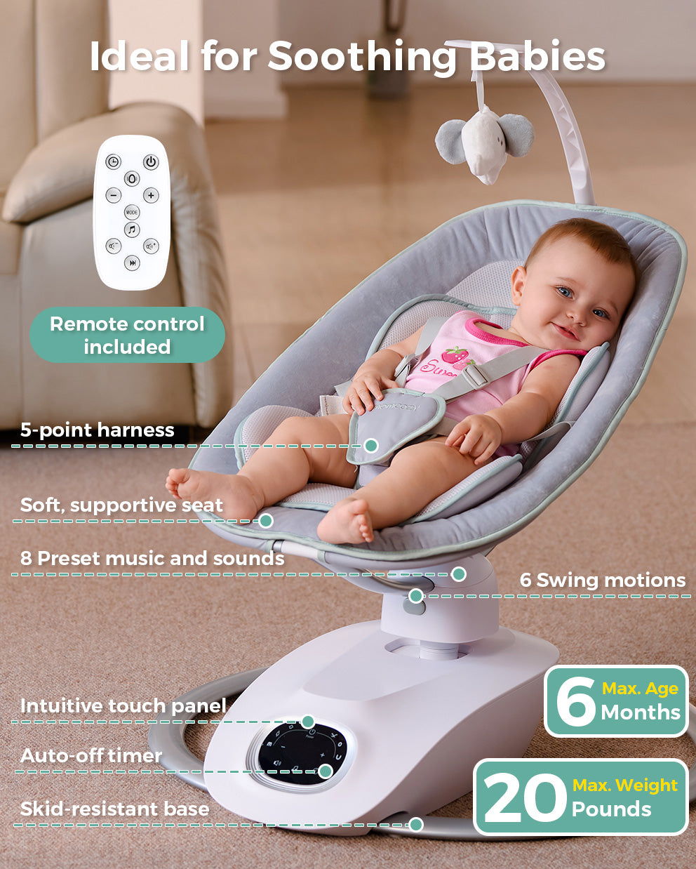 Baby in Momcozy CocoSway Electric Baby Swing with remote, 8 music options, and 6 soothing motions.