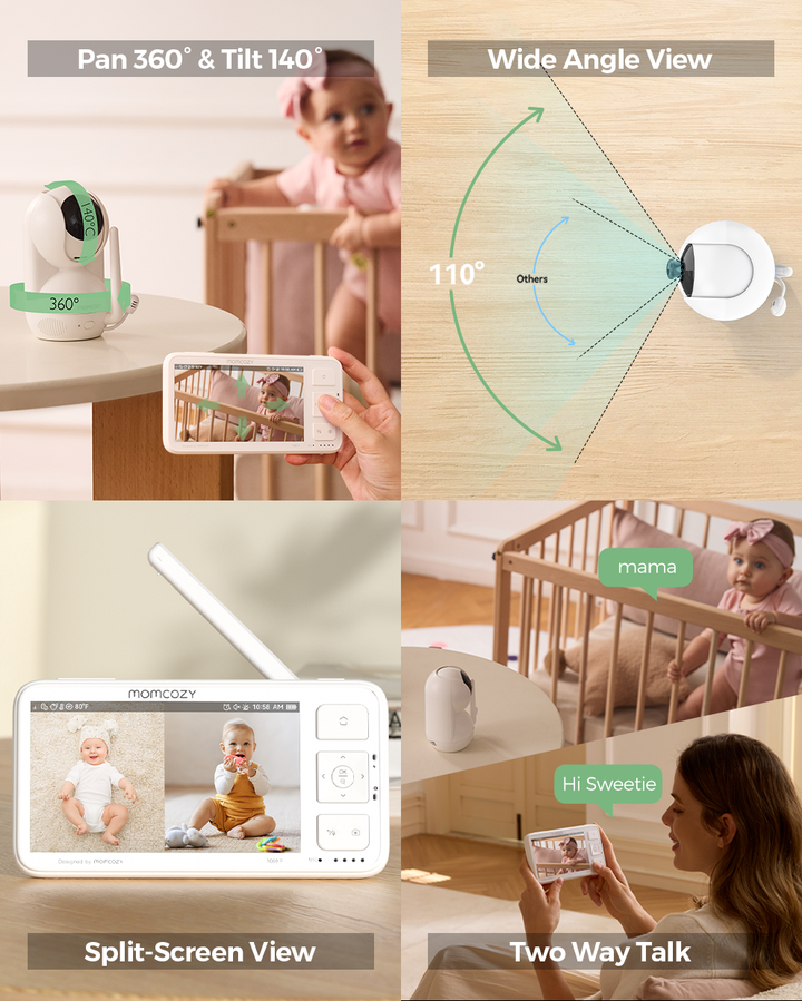 Momcozy baby monitor with split-screen feature displaying baby in crib and mom talking.