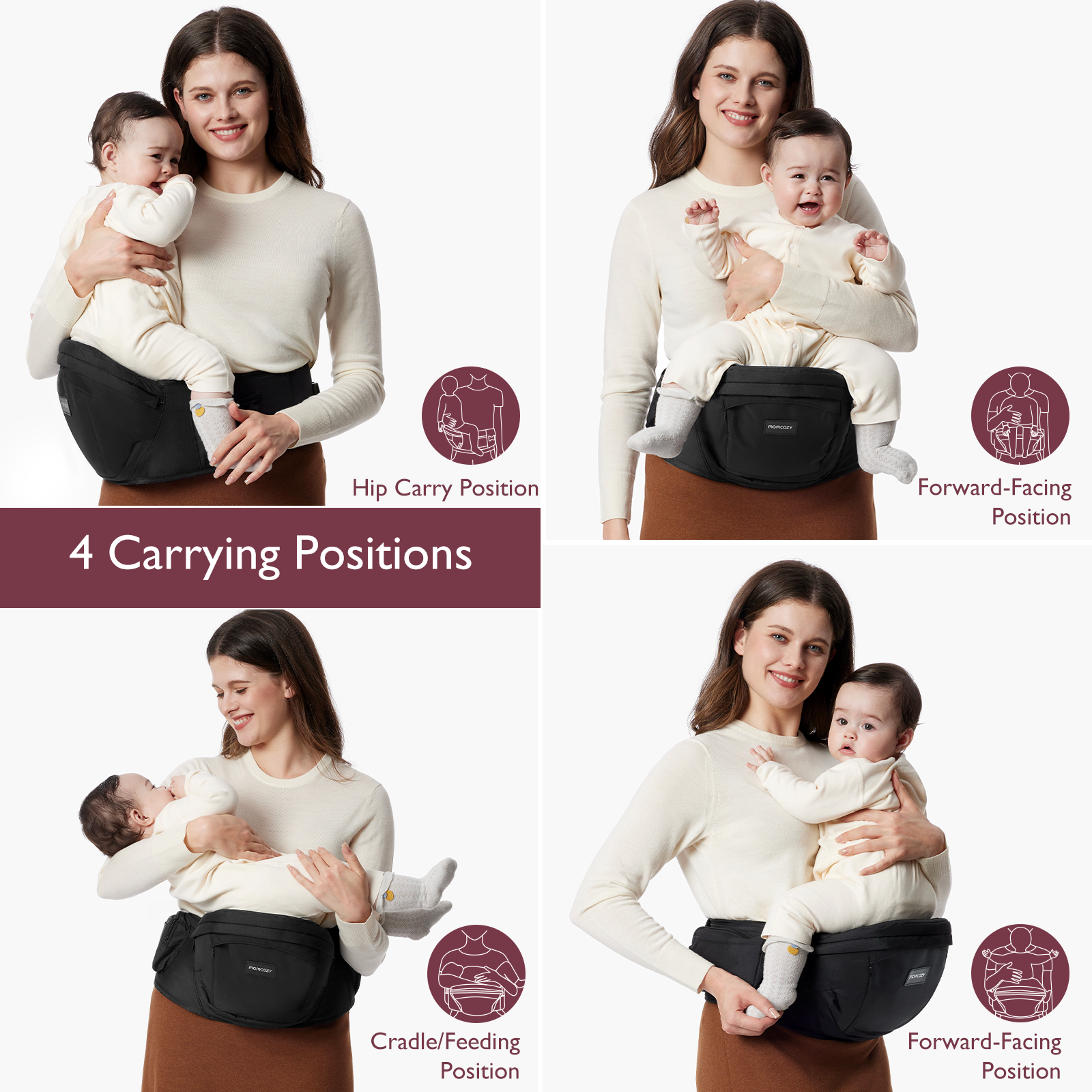 Momcozy Wander360 hip seat carrier: multiple carrying positions, designed for baby and parent comfort.