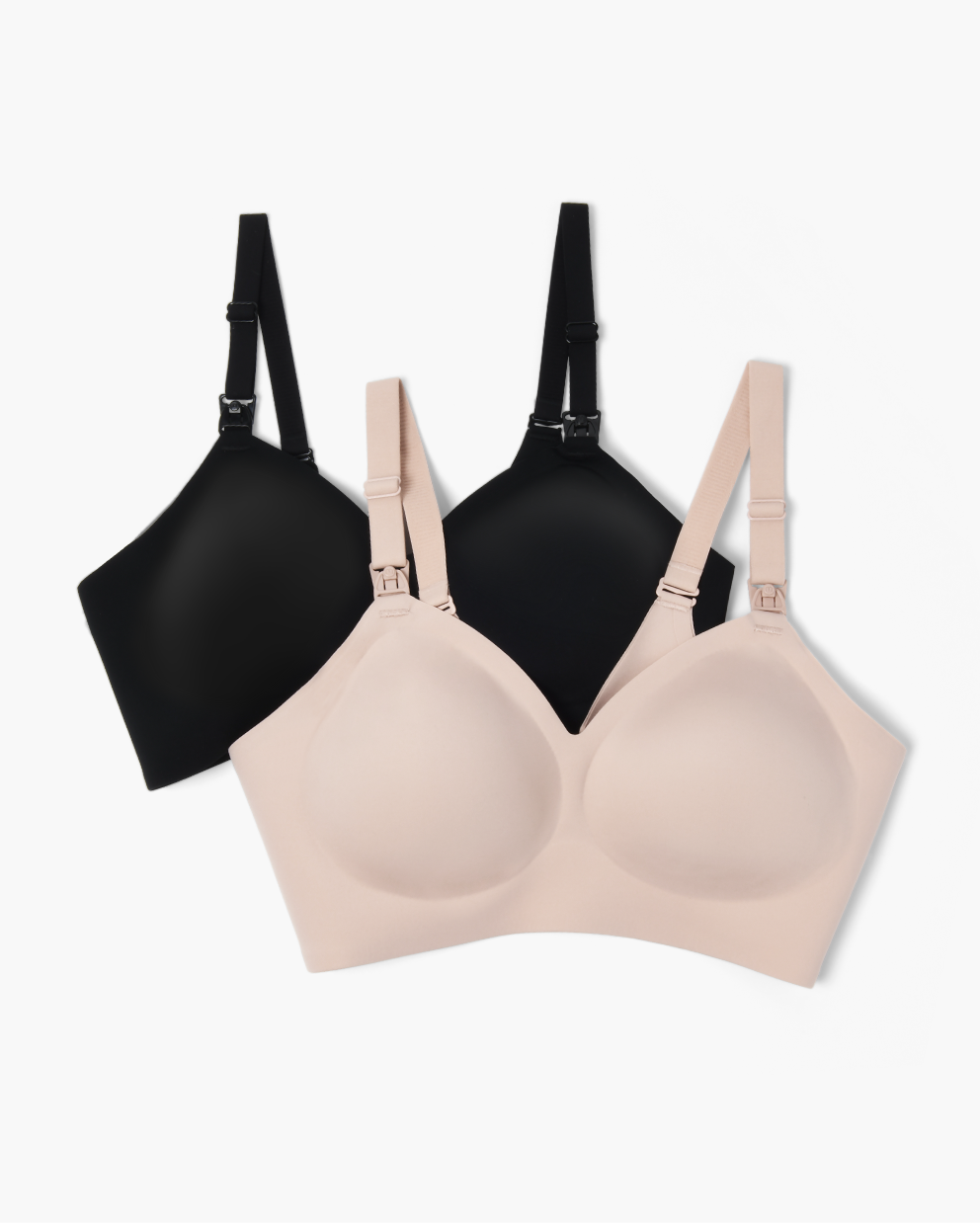 YN21 Seamless Nursing Bras in black & nude, showing adjustable straps, quick-release clips, designed for M5 pump.