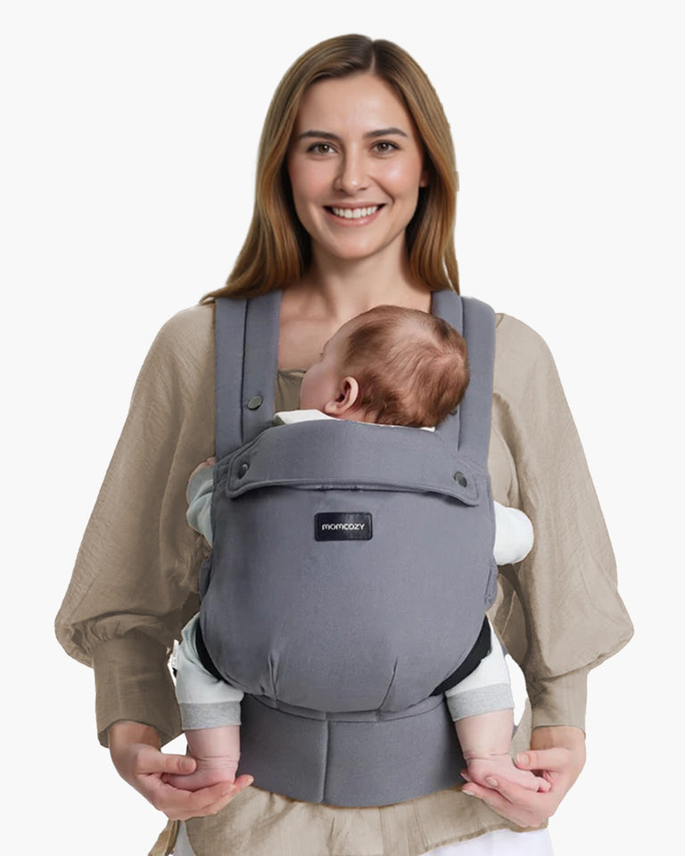 Translation missing: pl.Momcozy PureHug Baby Carrier in Grey, comfortable baby carrier for baby, held by mom, with Momcozy logo