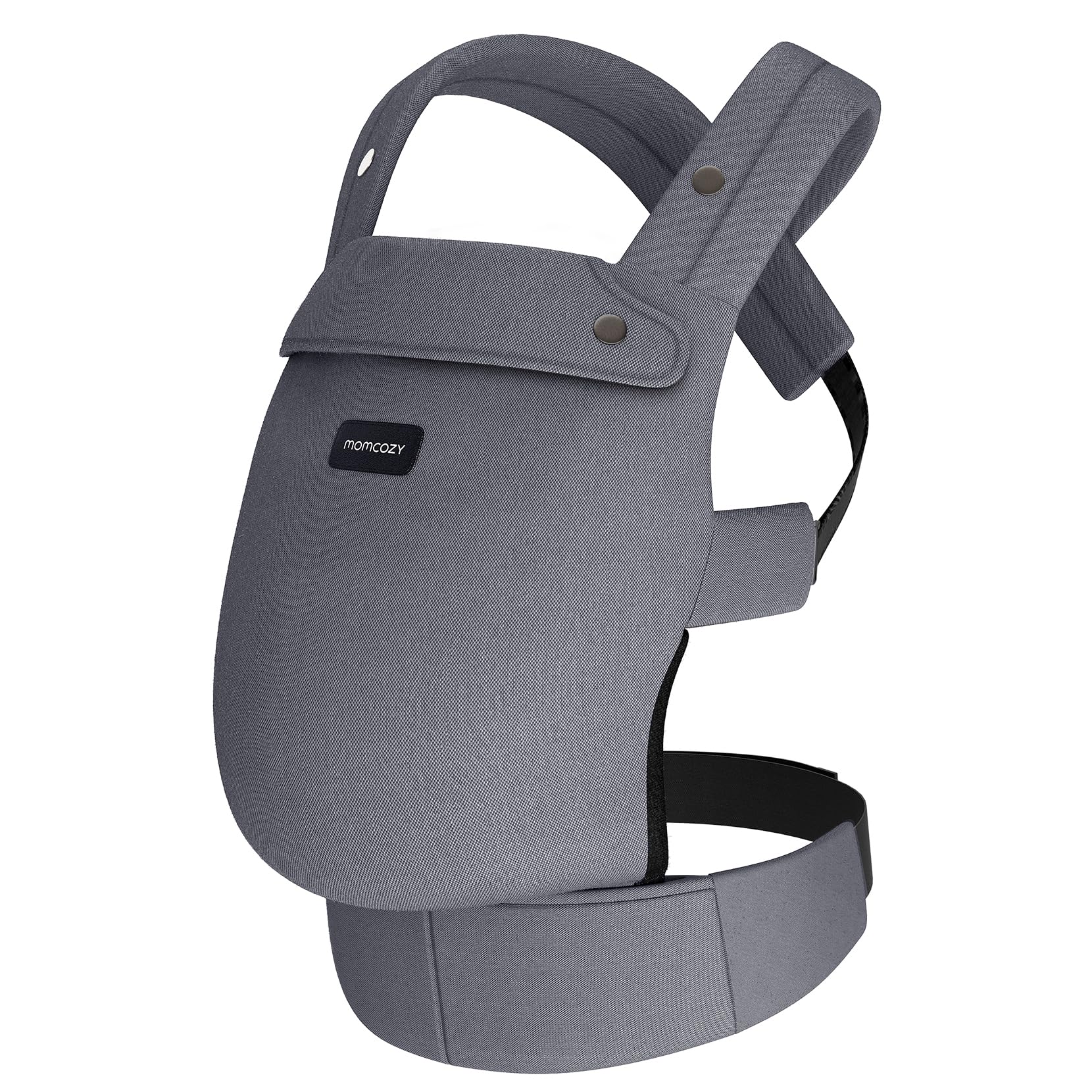 Momcozy PureHug baby carrier in grey. Comfortable and adjustable baby carrier with Momcozy logo.