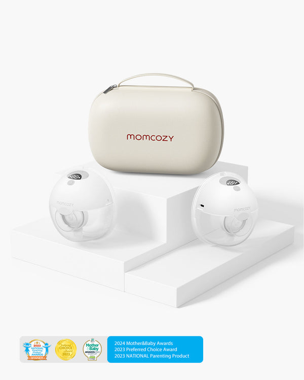 Momcozy M5 Wearable Breast Pump set with two pump units, beige carrying case, and displayed awards: 2024 Mother&Baby Awards, 2023 Preferred Choice Award, 2023 National Parenting Product.