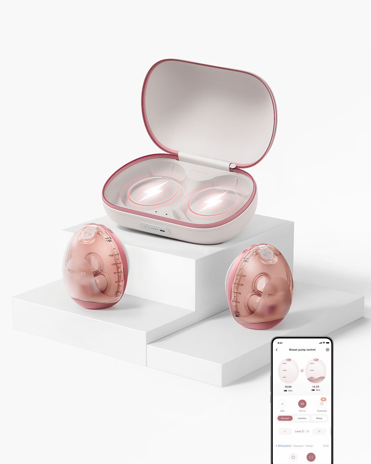 Momcozy Air 1 ultra-slim breast pumps in rose gold with charging case and app control on smartphone, product display.