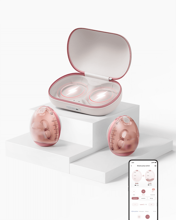 Momcozy Air 1 ultra-slim breast pumps in rose gold with charging case and app control on smartphone, product display.