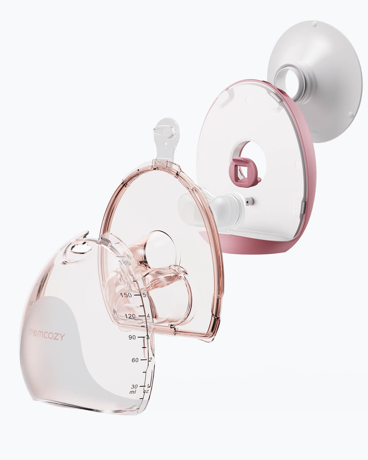 Momcozy Air 1 breast pump parts: clear collector with measurements, pink flange, pump unit. Disassembled for showcase.