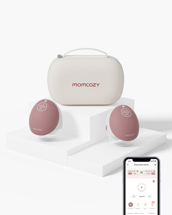 Momcozy Mobile Flow™ electric hands-free breast pump set with case and smart app displays the interface for smart milk expression.