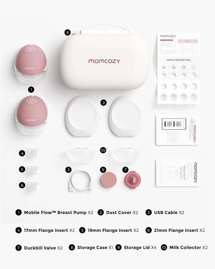 Momcozy Mobile Flow™ hands-free breast pump components laid out with case and accessories.