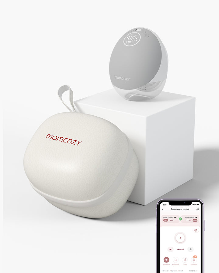 Momcozy Mobile Flow™ hands-free breast pump, in grey, comes with a stylish case and a smartphone app.