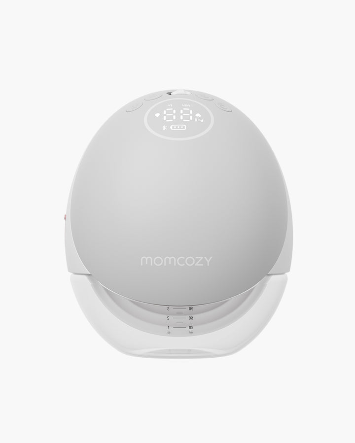 Momcozy Mobile Flow™ hands-free breast pump in grey with user interface for easy operation.