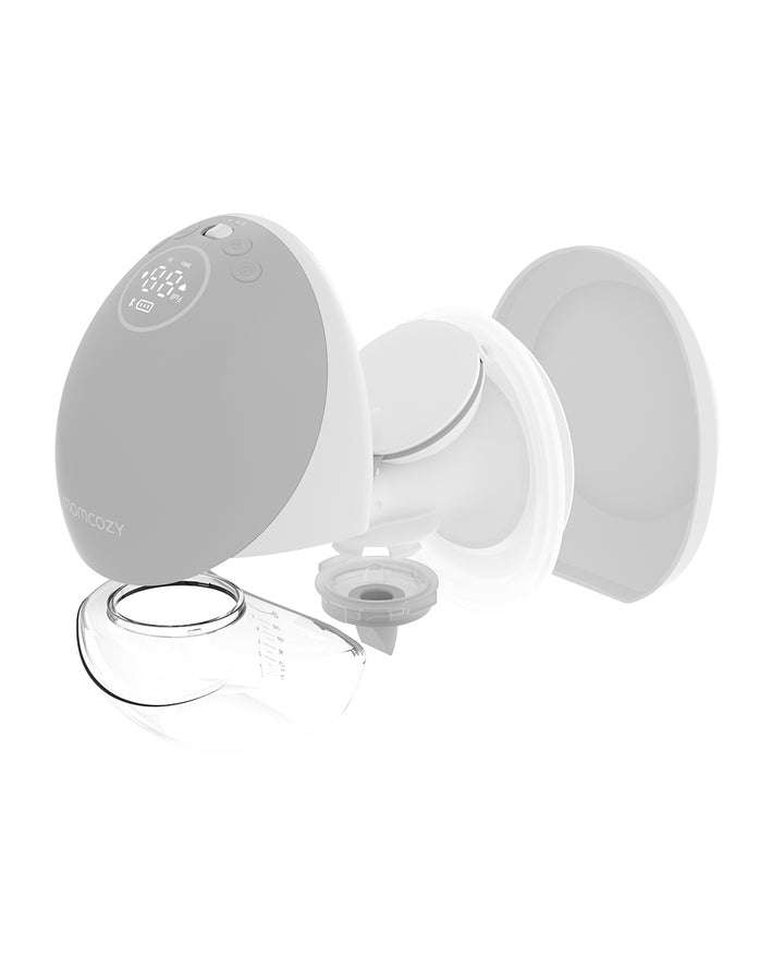 Momcozy Mobile Flow™ hands-free breast pump close-up, showcasing components and sleek design.