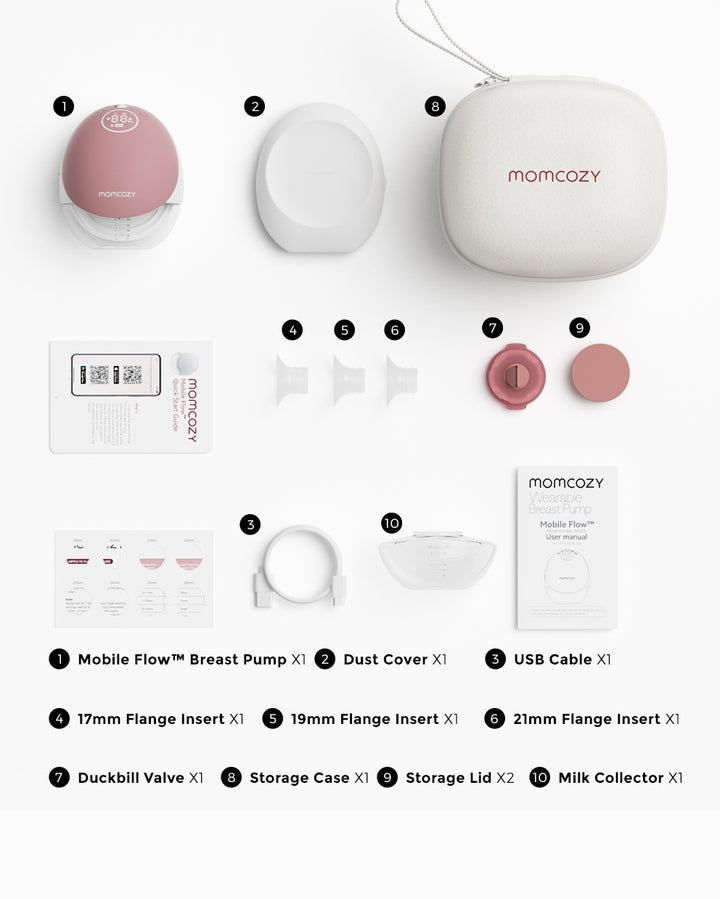 Momcozy Mobile Flow™ hands-free breast pump set includes the pump, flanges in different sizes, and a carrying case.