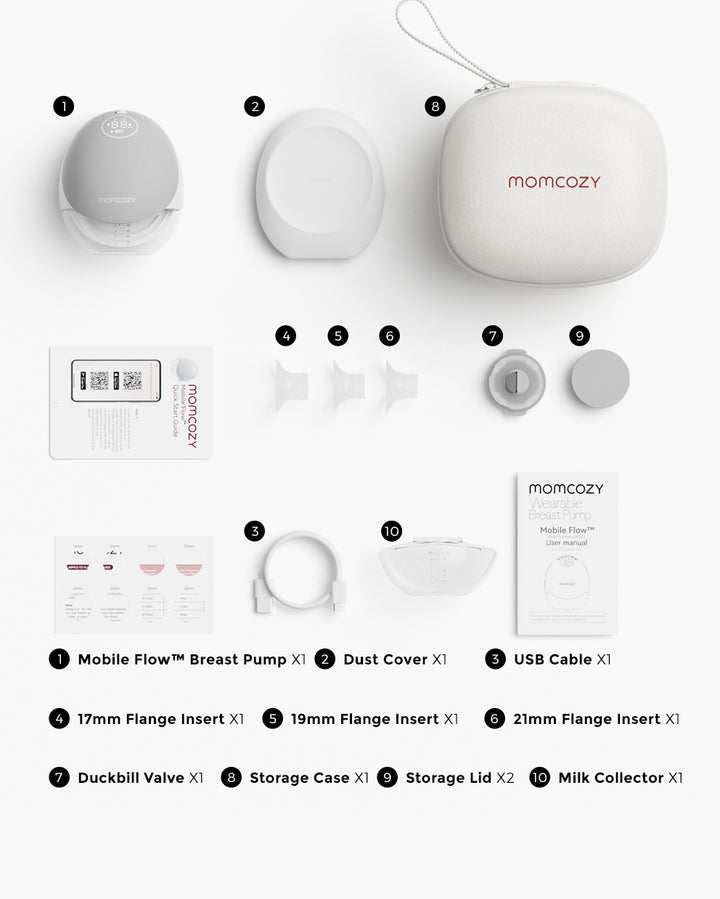 Momcozy Mobile Flow™ hands-free breast pump components including storage case and flange accessories.