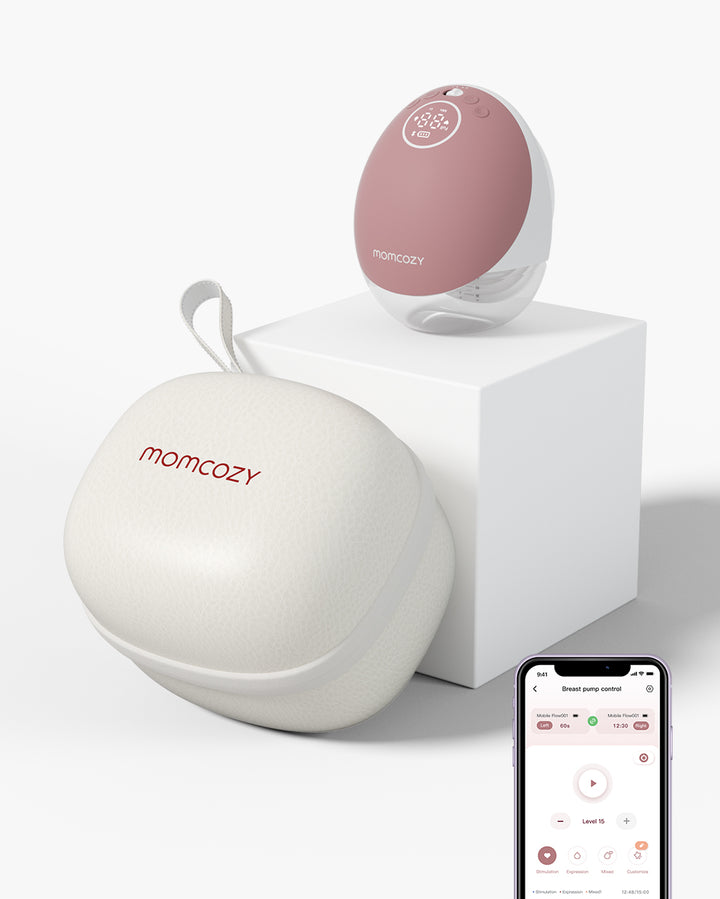 Momcozy Mobile Flow™ hands-free breast pump on display with case and app interface for easy control.