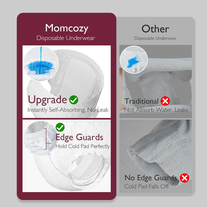 Momcozy disposable underwear with self-absorbing feature and edge guards for postpartum comfort.