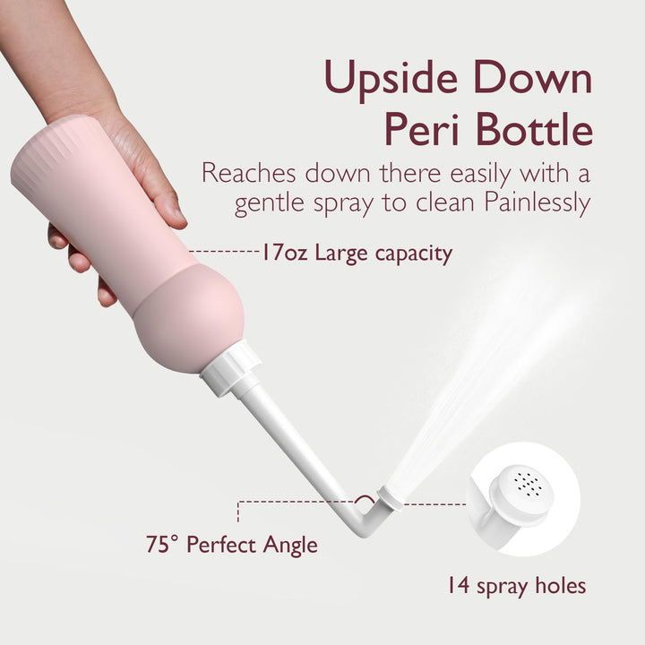 Upside Down Peri Bottle for postpartum use with 17oz capacity and ergonomic spray angle.