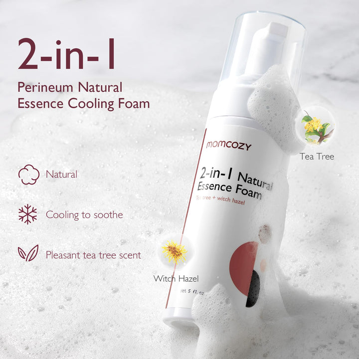 Momcozy 2-in-1 Natural Essence Cooling Foam with tea tree and witch hazel for postpartum care.