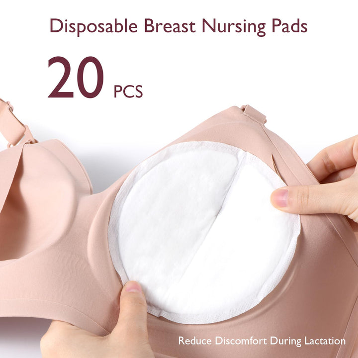 Momcozy disposable breast nursing pads package with 20 pieces for lactation comfort.