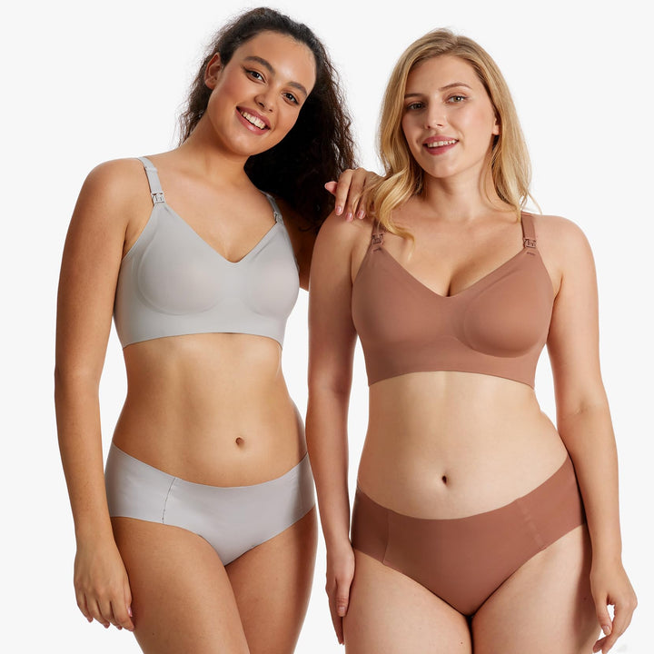 Two models in YN21 Ultra Soft Seamless Nursing Bras: light taupe and warm cinnamon, showcasing comfortable fit for M5 pump.
