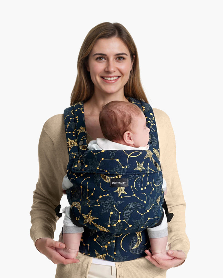 Translation missing: pl.Momcozy PureHug baby carrier in Starry Night color. Navy blue and golden star pattern, comfortable baby carrier