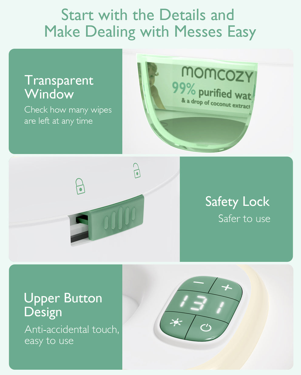 Momcozy baby wipe warmer features transparent window, safety lock and upper button design for mess-free parenting.