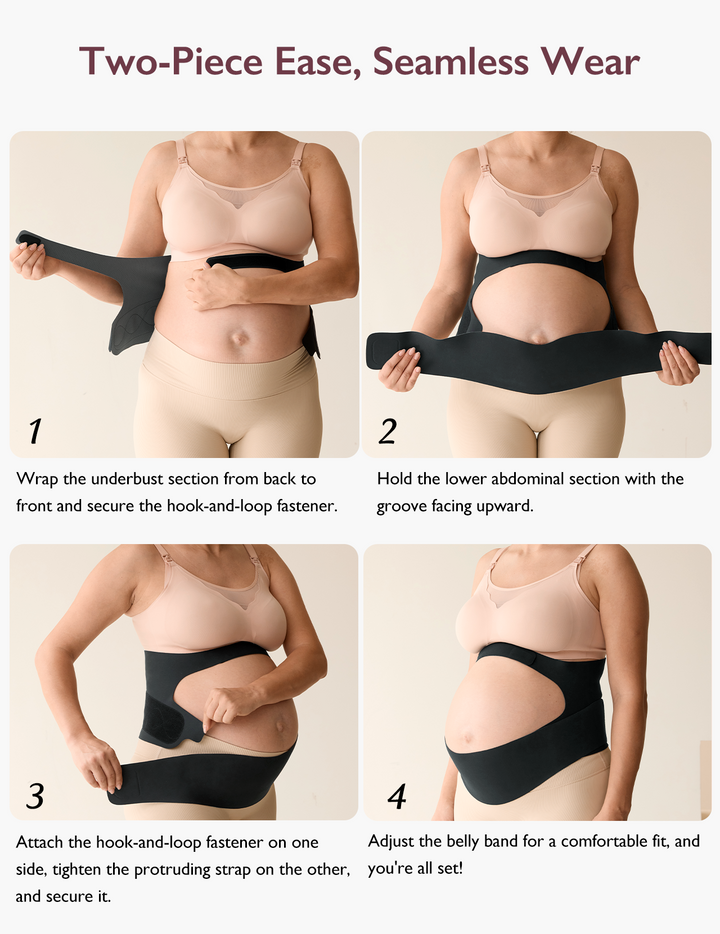 From various angles, here are the four steps to wearing the Momcozy Ergonest Maternity Belly Band, emphasizing its softness, comfort, and user-friendly design. 