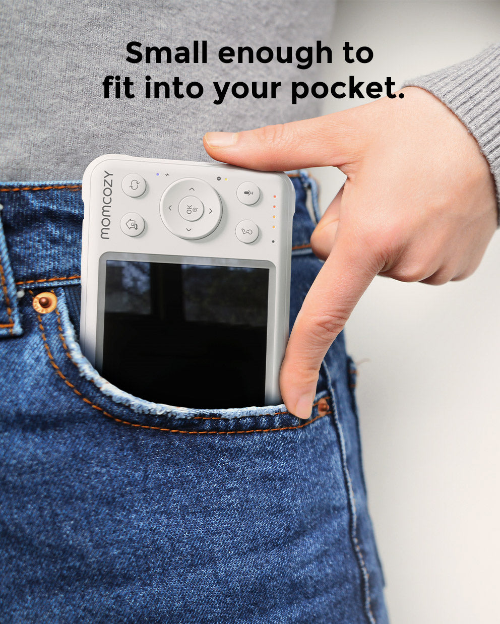 Momcozy BM01 baby monitor, small size for pocket storage, ensuring convenient baby monitoring.