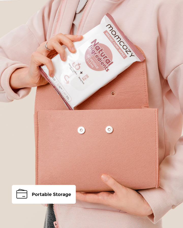 Momcozy Natural Breast Pump Wipes in a pink bag, showcasing portable storage.