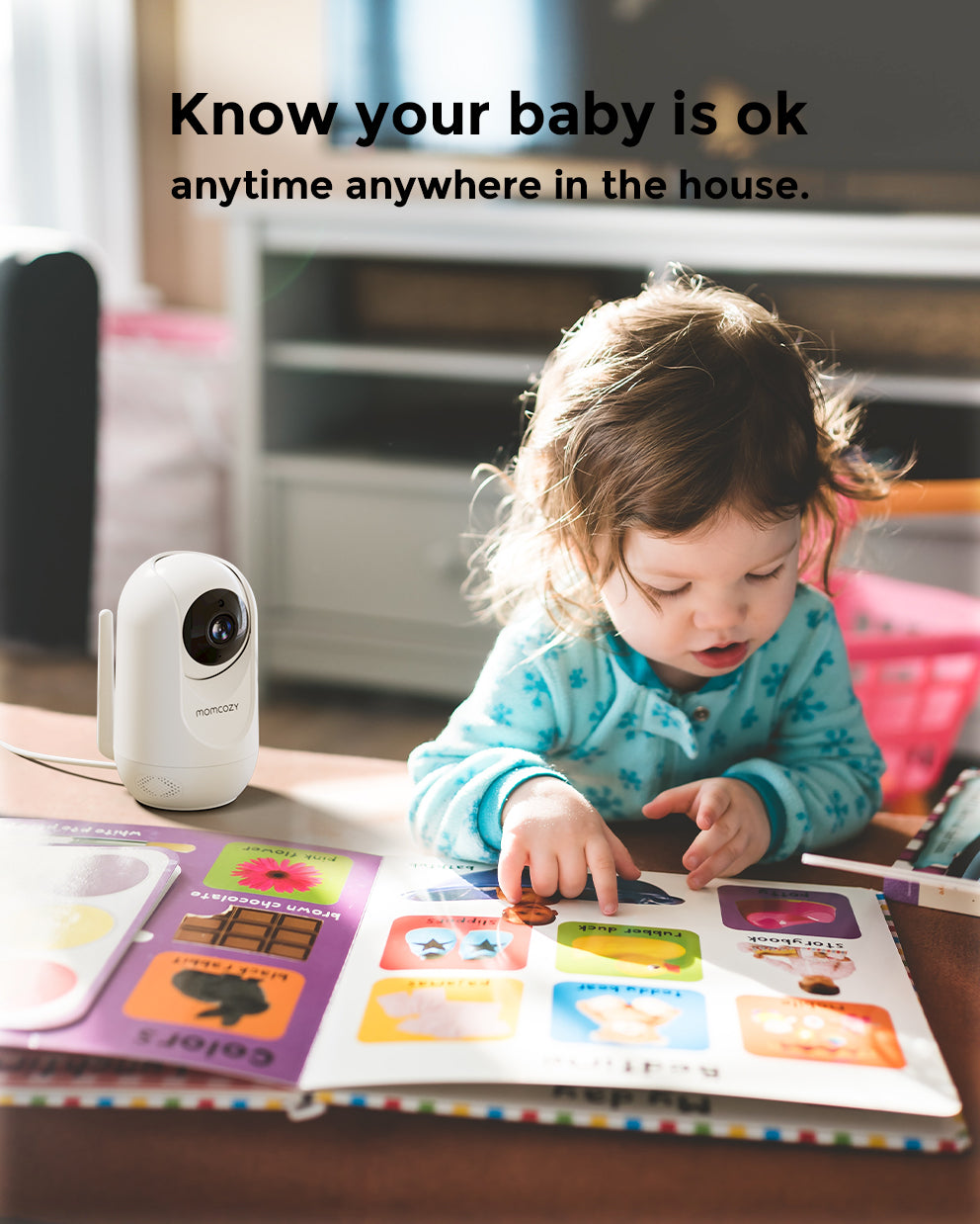Momcozy 1080P Video Baby Monitor BM01, child reading book, providing peace of mind, know your baby is ok anytime anywhere.