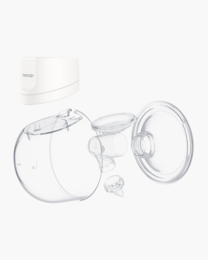 Momcozy S12 Pro breast pump components including flange and charging dock for easy use.